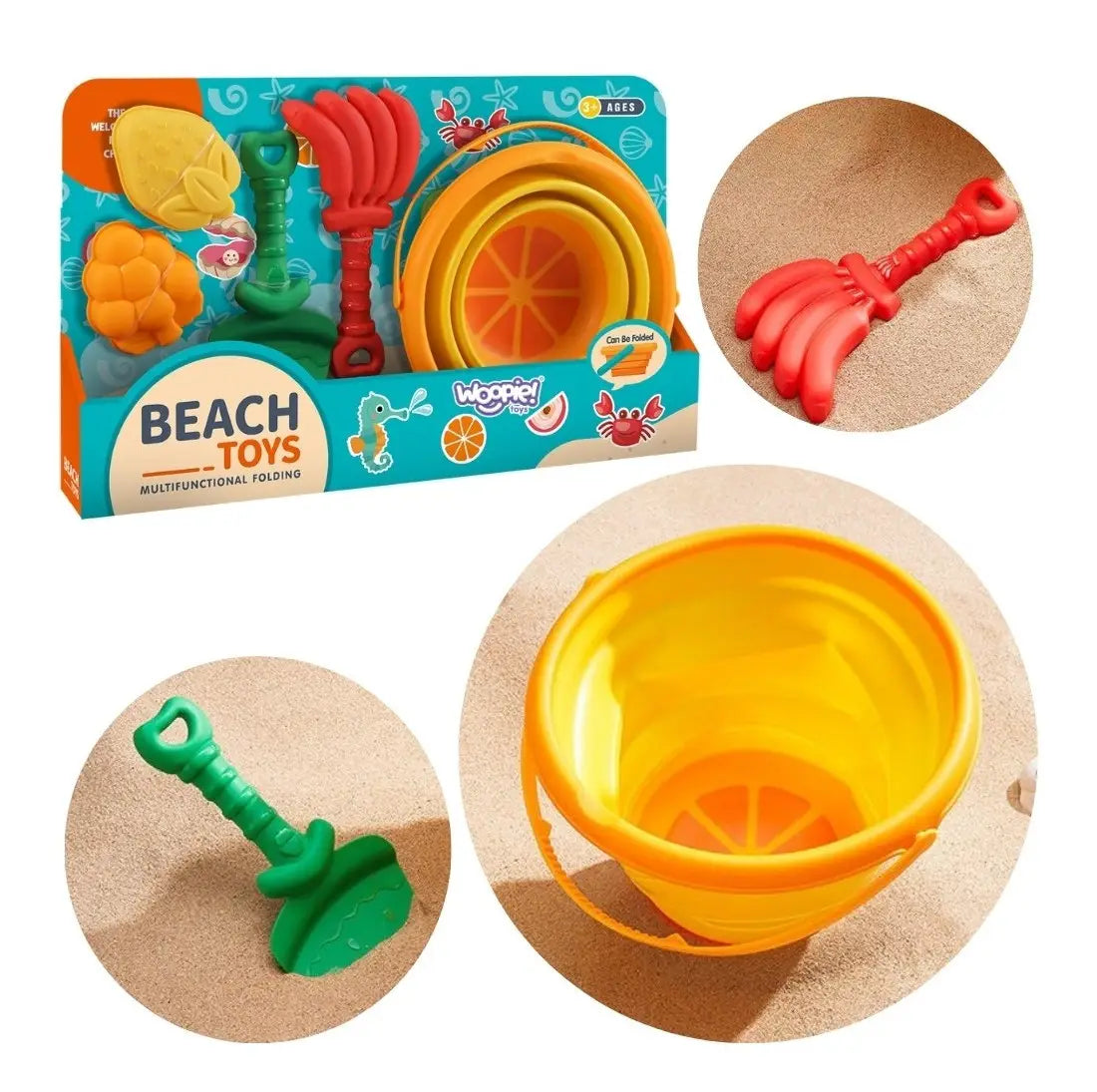 Set Woopie Tropical Fruits pentru nisip și plajă, cu găleată pliabilă galben-portocalie, lopățică verde, greblă roșie și forme fructe.