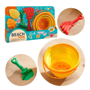 Set Woopie Tropical Fruits pentru nisip și plajă, cu găleată pliabilă galben-portocalie, lopățică verde, greblă roșie și forme fructe.