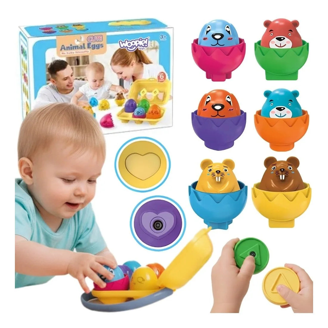 Colaj cu setul Woopie Cute Animal Eggs, ambalaj, 6 ouă cu animale și forme pentru sortare.