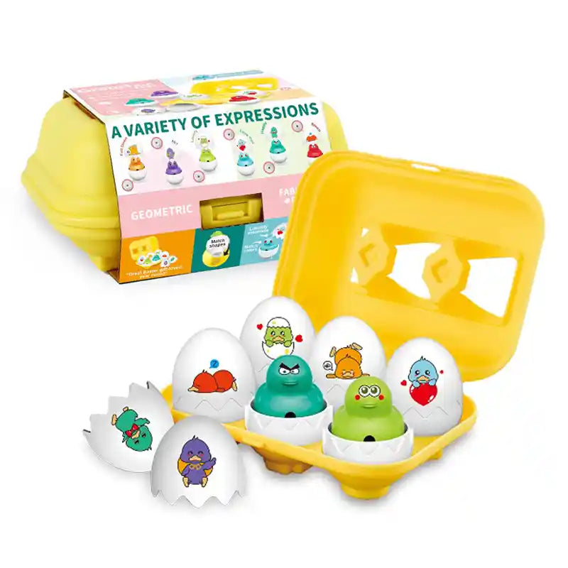Set Woopie Fun Chicks Eggs cu ambalaj, cutie galbenă și ouă cu puișori pentru sortare și potrivire.
