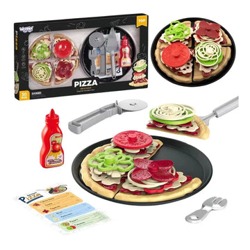 Set pizza de tăiat Woopie XL Restaurant, 30 piese, cu ambalaj, tavă, toppinguri, sos, cutter, spatulă, furculiță și meniu.