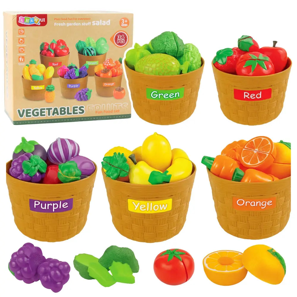 Set Lean Toys cu fructe și legume de sortat pe culori, 34 piese, coșuri și ambalaj original.