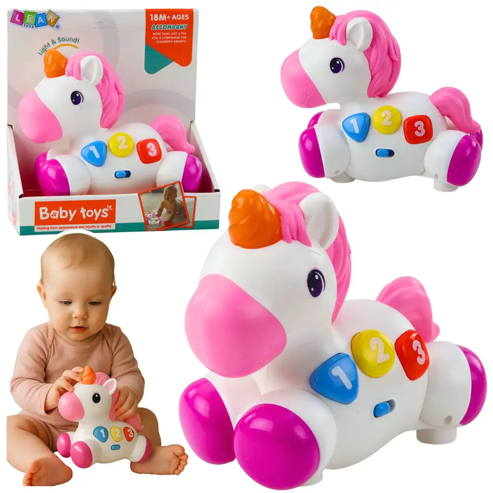 Set Lean Toys cu unicorn interactiv, ambalaj, prezentare produs și copil care se joacă.