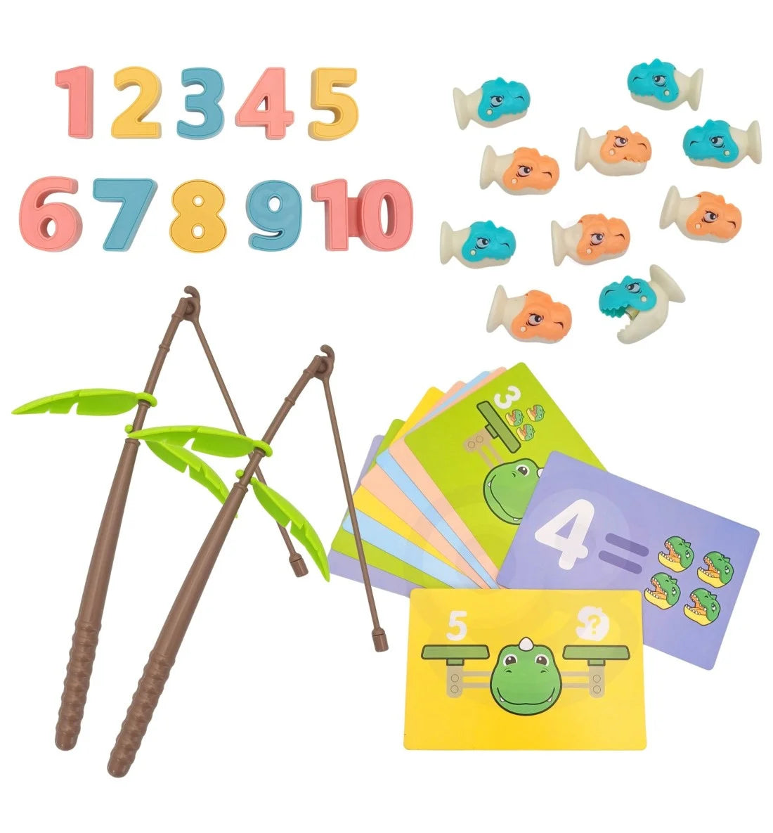 Set Woopie Balanță Dinozaur cu cifre 1-10, carduri, undițe și figurine colorate.