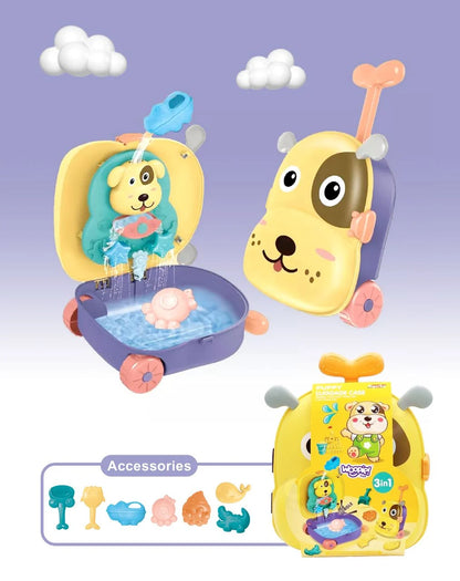 Set Woopie Puppy Luggage Case cu valiză Cățeluș 3 în 1, joc de apă și accesorii de nisip.