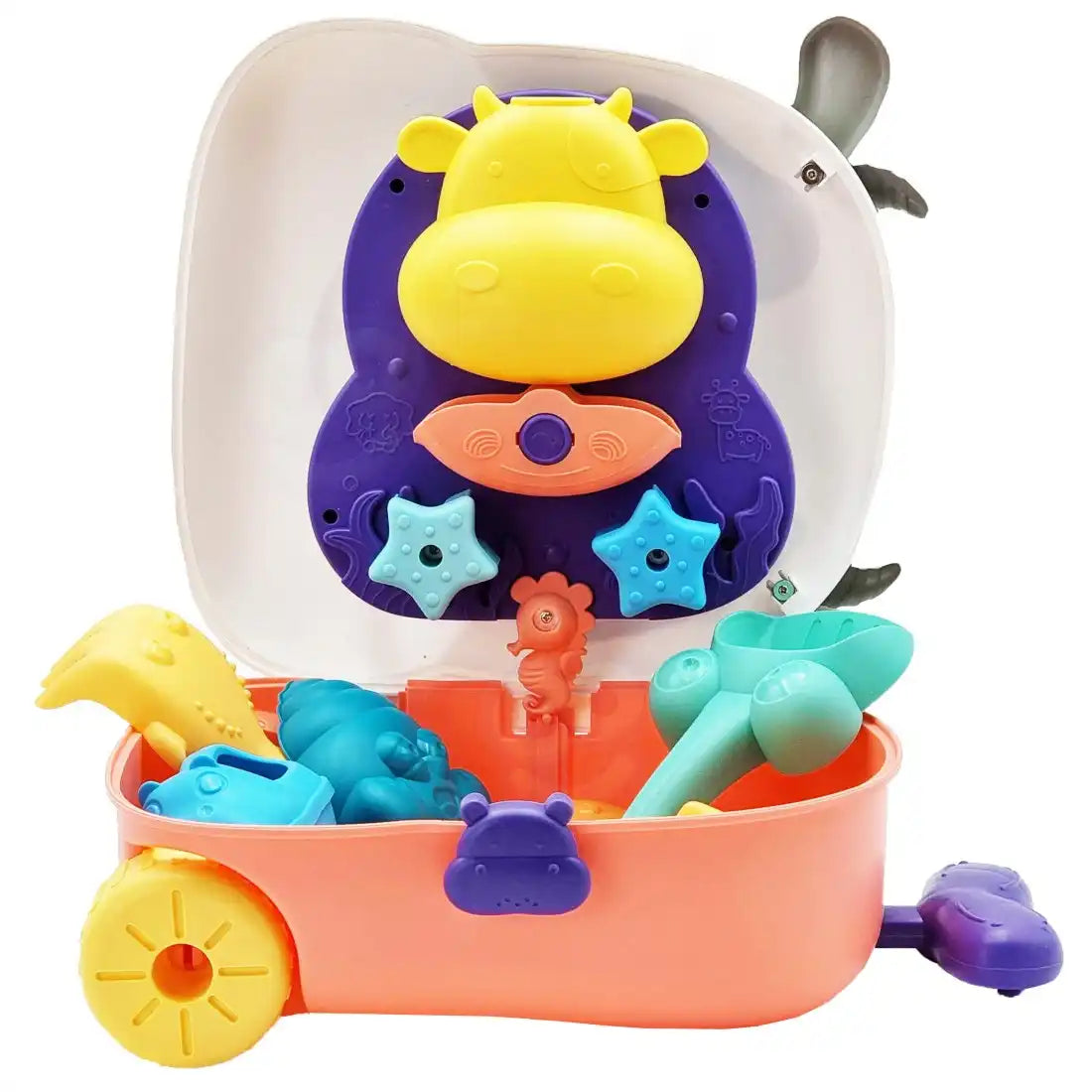 Set Woopie Văcuță deschis frontal, cu valiză, jucărie de apă și accesorii de plajă.