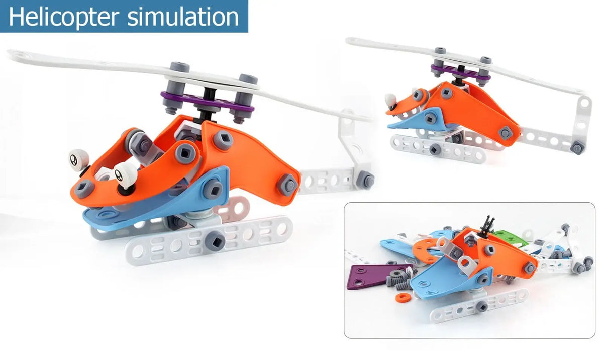 Simulare elicopter Woopie Build & Play, cu model asamblat și piesele din care se construiește.