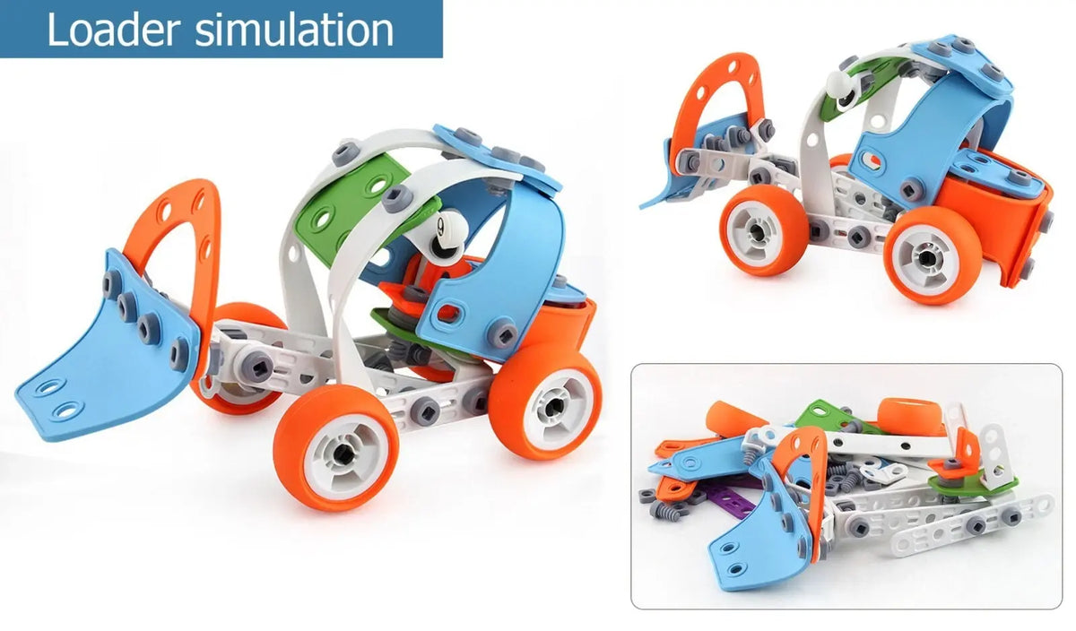 Simulare încărcător Woopie Build & Play, cu cupă frontală și piese demontate lângă model.