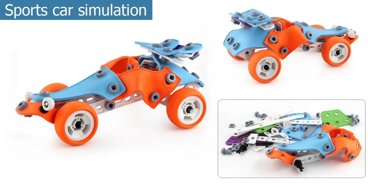 Simulare mașină sport Woopie Build & Play, cu model final și piesele necesare pentru asamblare.