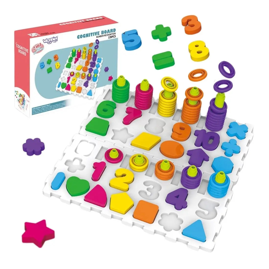 Tabla cognitiva Woopie Cognitive Board cu ambalaj, numere, forme si piese colorate pentru joc educativ.