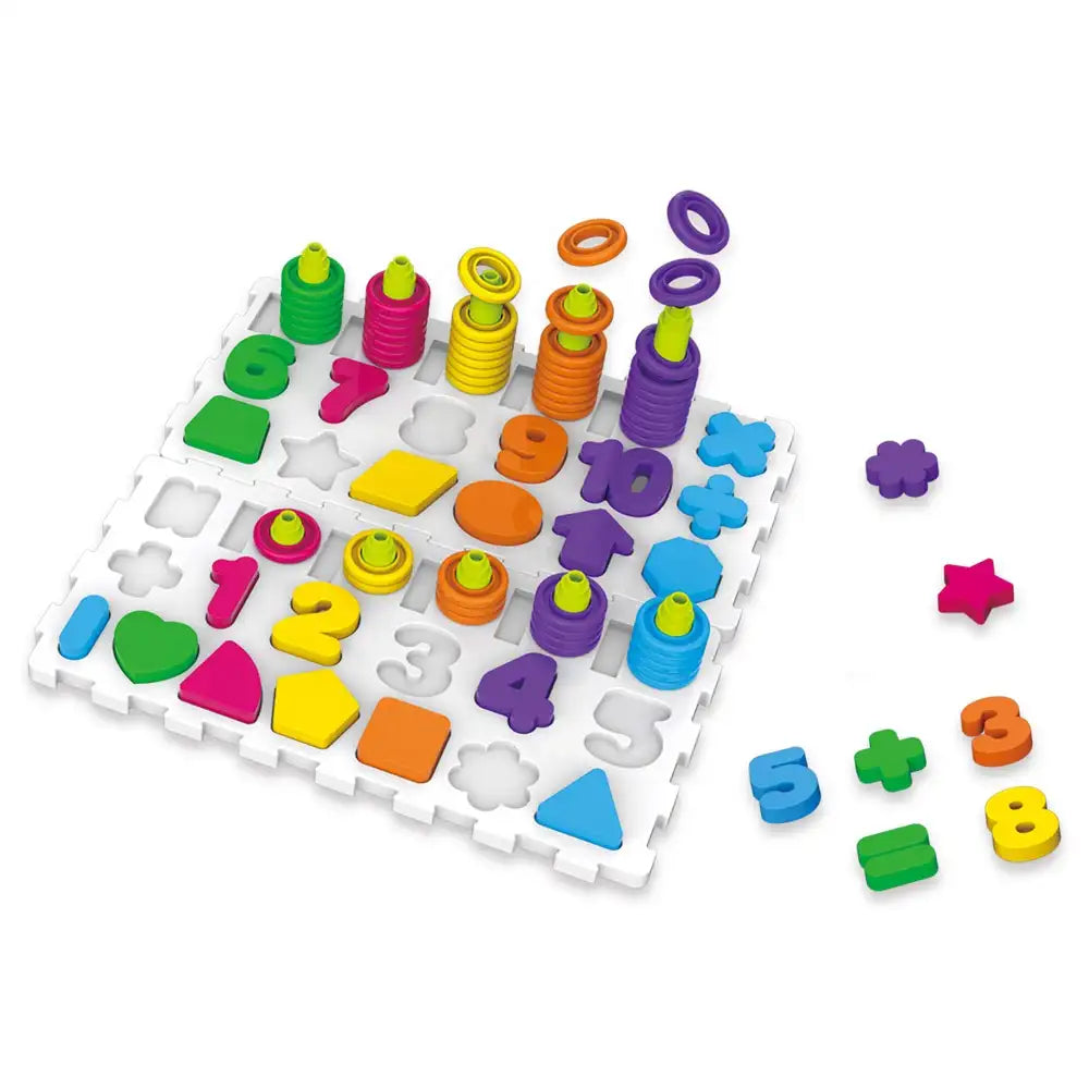 Tabla cognitiva Woopie cu numere, semne, forme geometrice, coloane si inele colorate.
