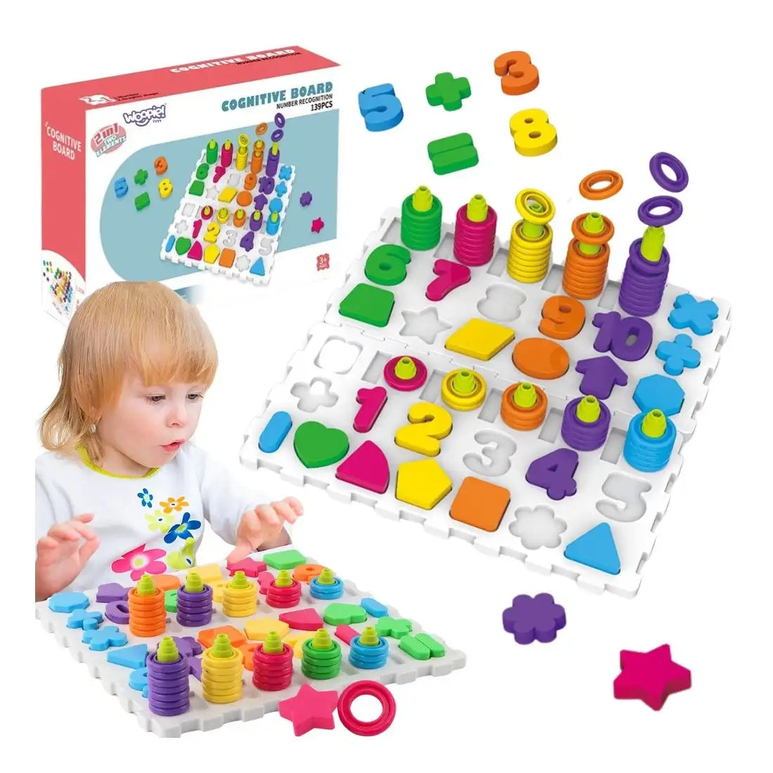 Set complet tabla cognitiva Woopie cu ambalaj, copil, piese de sortare, numere si forme.