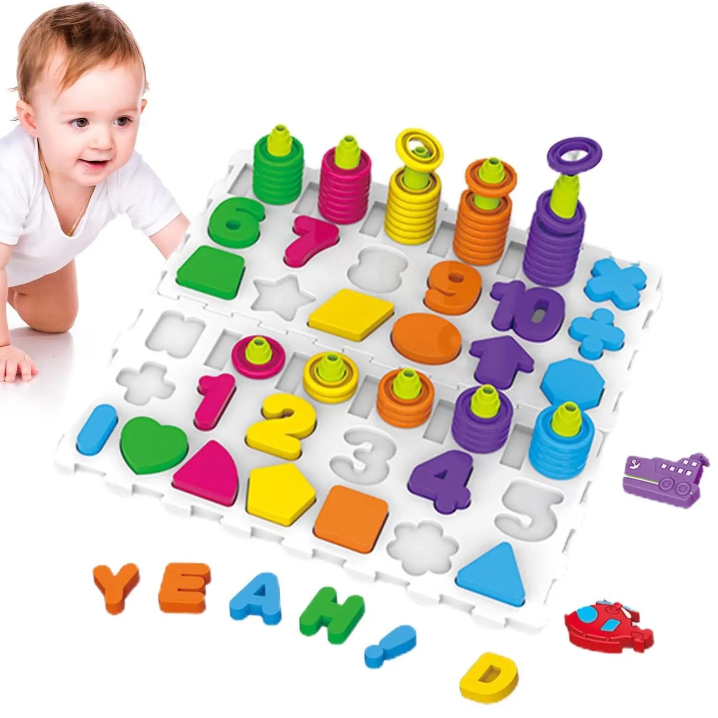 Tabla cognitiva Woopie 2 in 1, sorter Montessori cu 139 piese, numere, forme, inele colorate si activitati de potrivire.