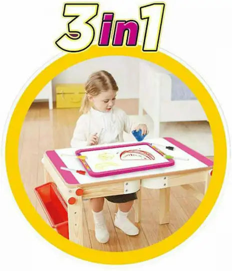 Copil care folosește tabla Woopie pe masă, cu partea albă pentru desen și ștergere.
