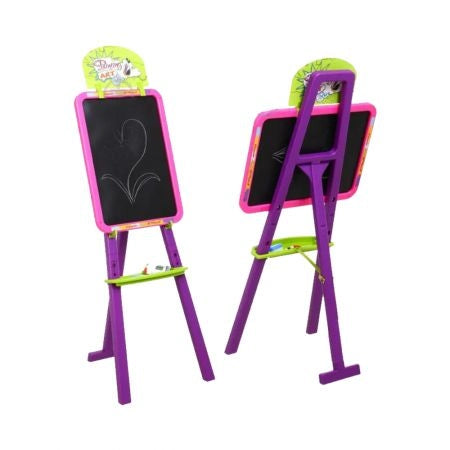 Tablă de desen Woopie 3 în 1, roz și mov, cu partea neagră pentru desen luminos și suport tip șevalet.