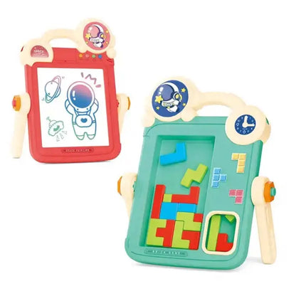 Colaj cu tabla Woopie, ambalajul, copilul, piese Tetris și partea de desen.