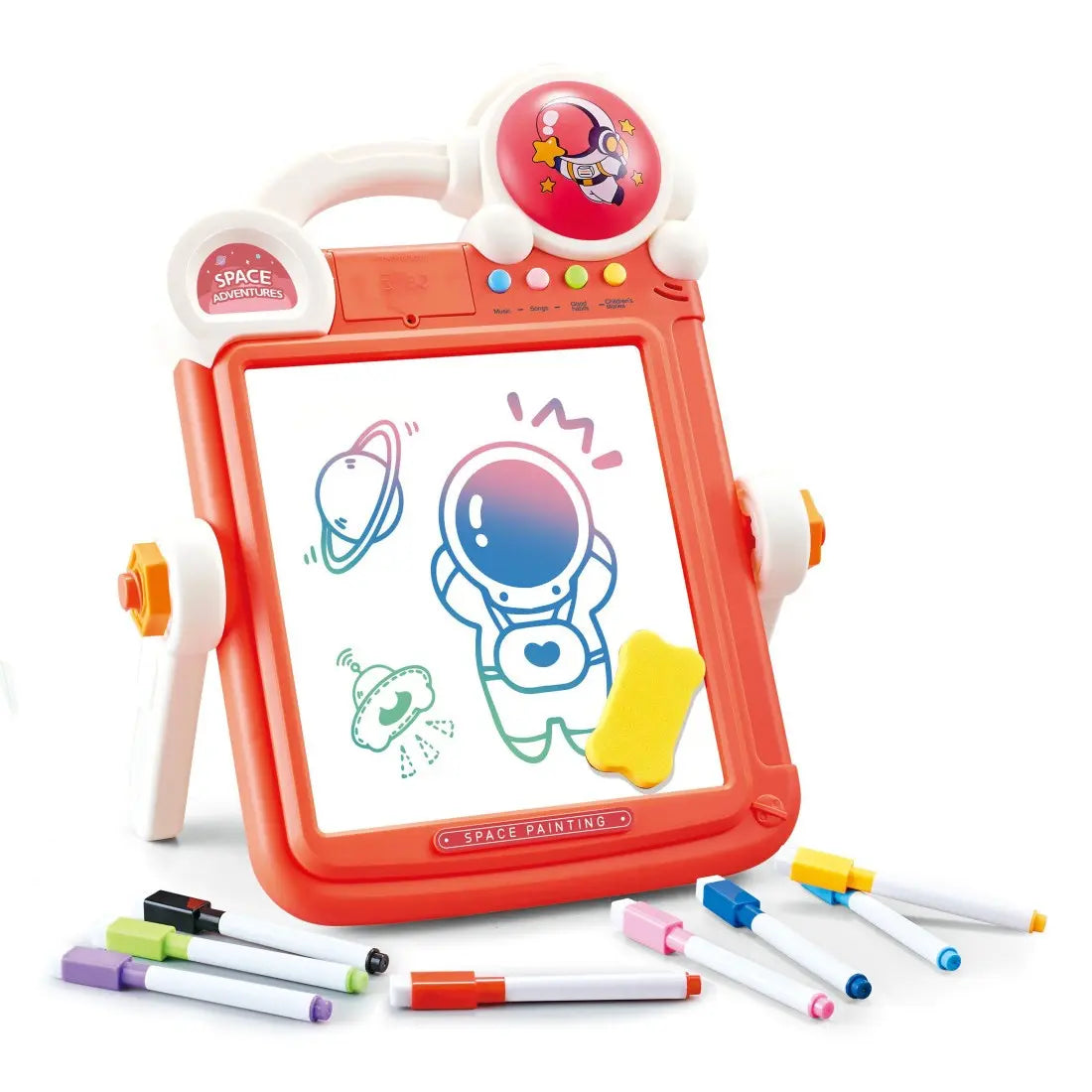 Tabla Woopie 2 în 1 văzută pe ambele fețe: desen și joc Tetris cu piese colorate.