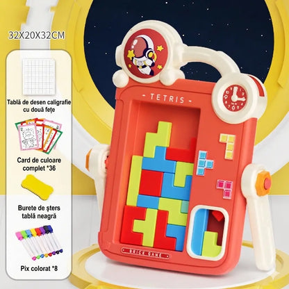 Infografic în română cu dimensiuni, carduri, burete și 8 pixuri colorate pentru tabla Woopie.