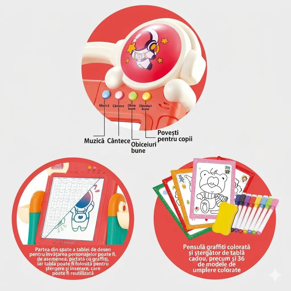 Infografic în română pentru butoanele sonore, cardurile reutilizabile și accesoriile tablei Woopie.