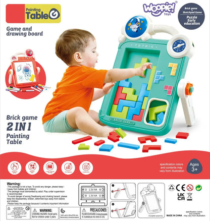 Set complet Woopie cu tablă 2 în 1, markere, burete, carduri și piese Tetris.