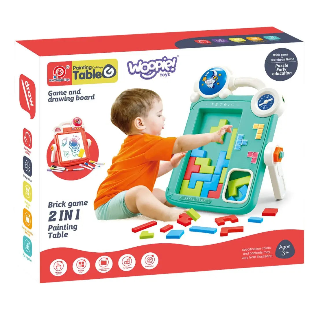 Tabla Woopie cu joc Tetris, piese colorate și spațiu de depozitare pentru blocuri.