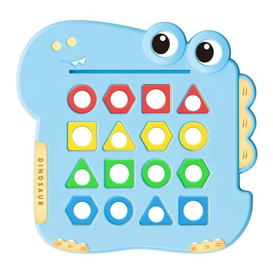 Tabla dinozaur Woopie albastra completata cu forme colorate pentru sortare.