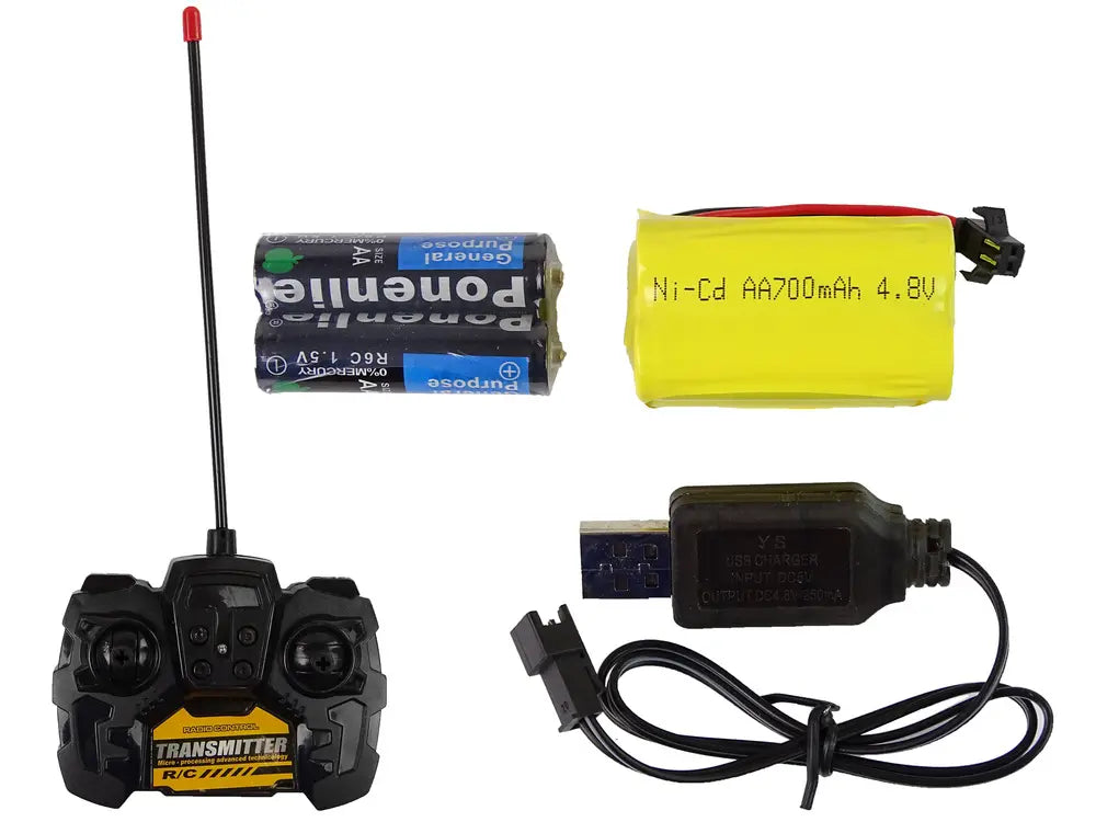 Telecomandă, baterie reîncărcabilă, baterii AA și încărcător USB pentru macara turn RC Lean Toys.