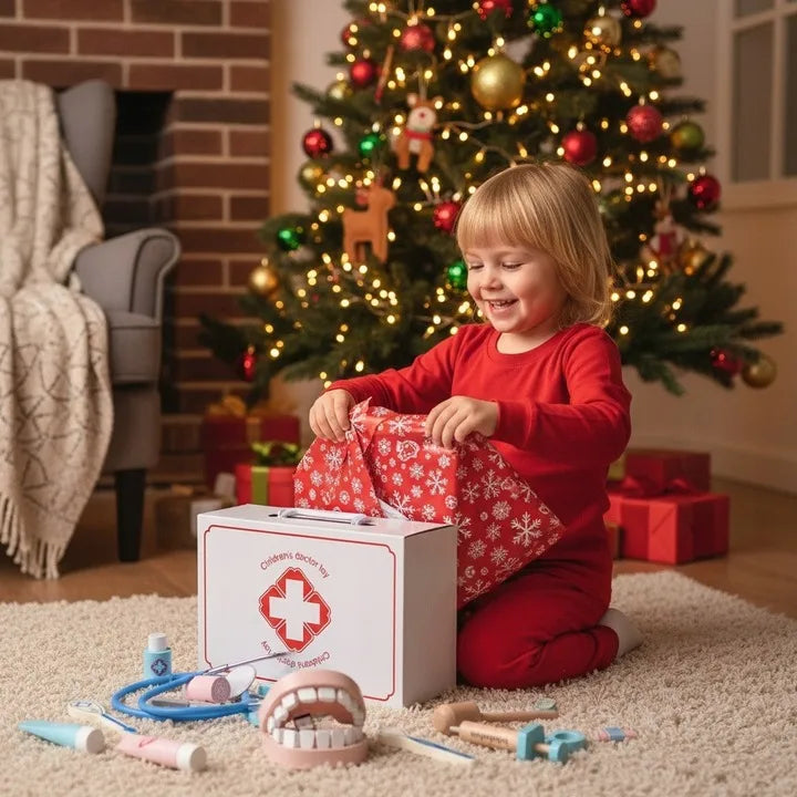 Copil care deschide cadoul cu trusa doctor Lean Toys din lemn, lângă accesorii medicale și valiza albă.