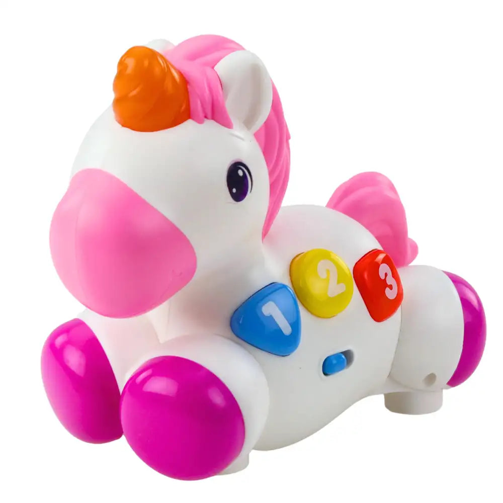 Prim-plan cu unicornul interactiv Lean Toys și butoanele colorate 1, 2 și 3.