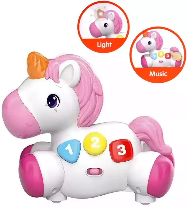 Unicorn interactiv Lean Toys cu butoane 1, 2, 3 pentru melodii, sunete și lumină.