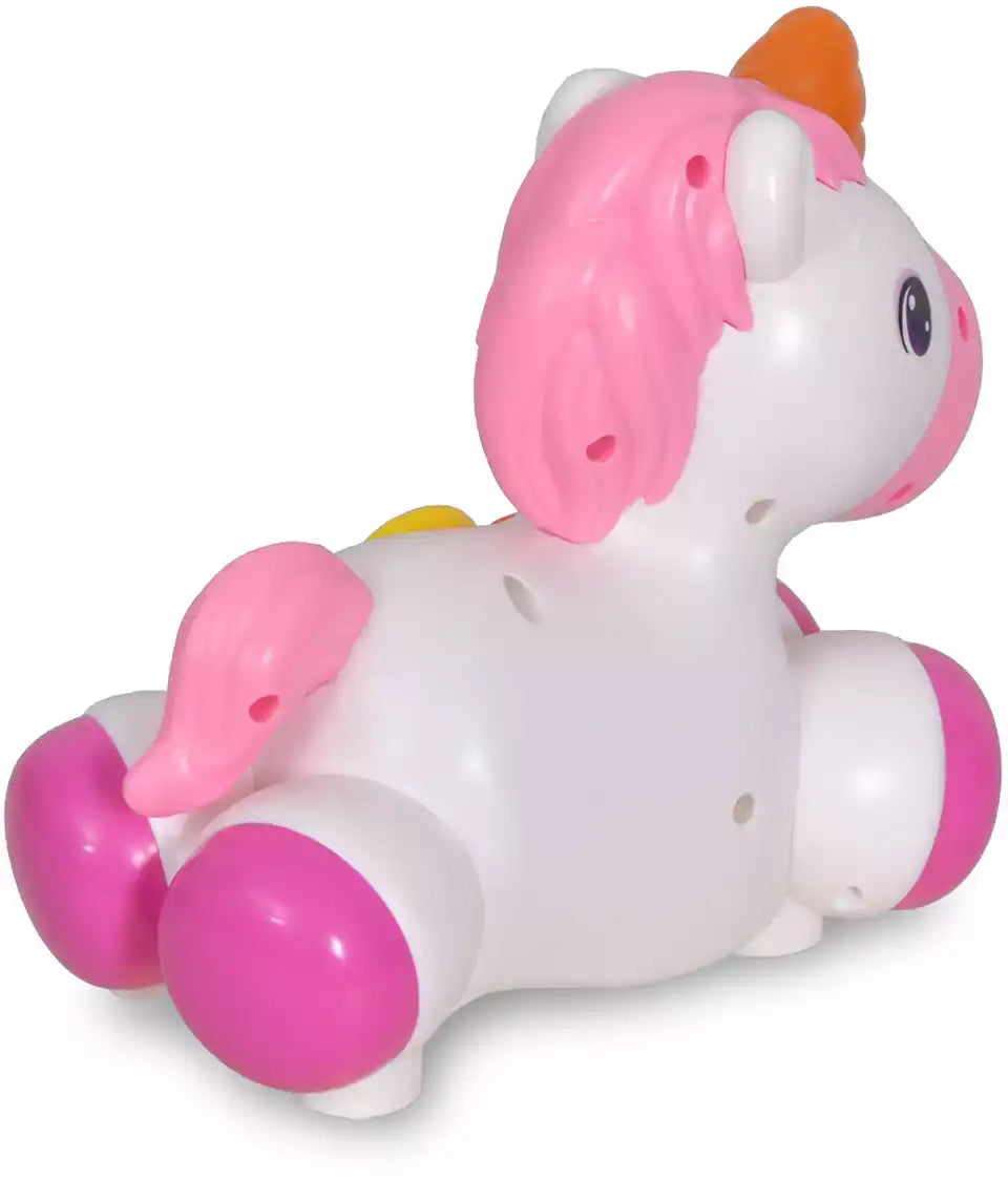 Unicorn interactiv Lean Toys văzut din spate, cu coamă roz, roți stabile și corp rotunjit.