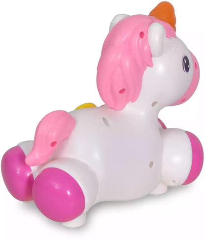 Unicorn interactiv Lean Toys văzut din spate, cu coamă roz, roți stabile și corp rotunjit.