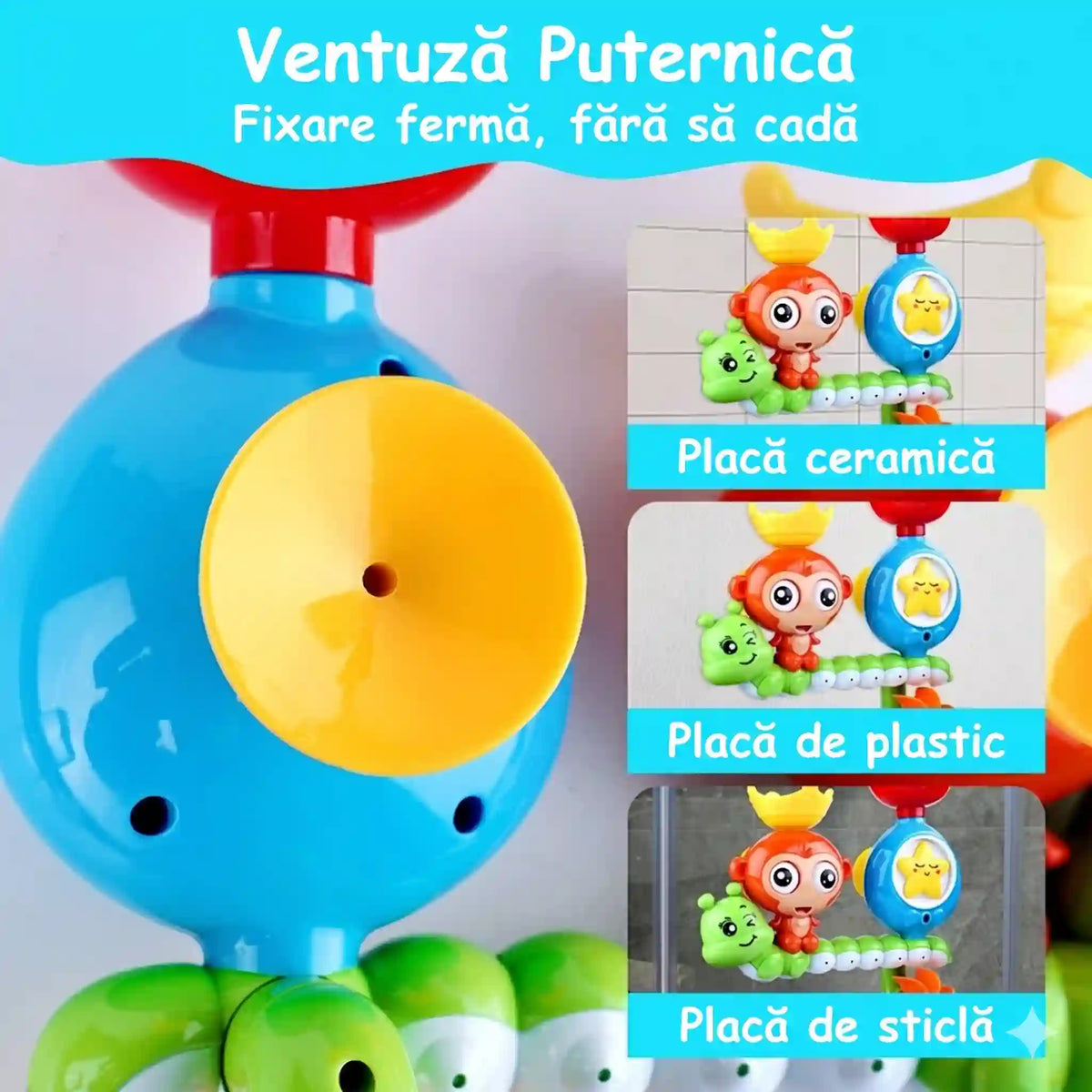 Detaliu cu ventuza jucăriei de baie Lean Toys, pentru fixare pe faianță, cadă sau plastic.