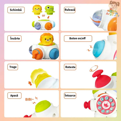 Busy Ball Woopie cu leu, butoane colorate și biluțe pentru stimulare senzorială.