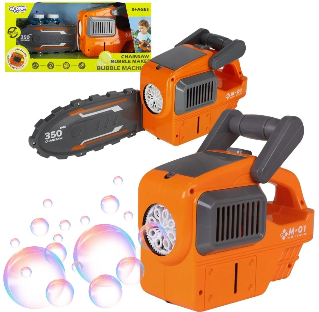 Woopie Chainsaw Bubble Maker cu ambalaj, drujbă de jucărie și efect de baloane.