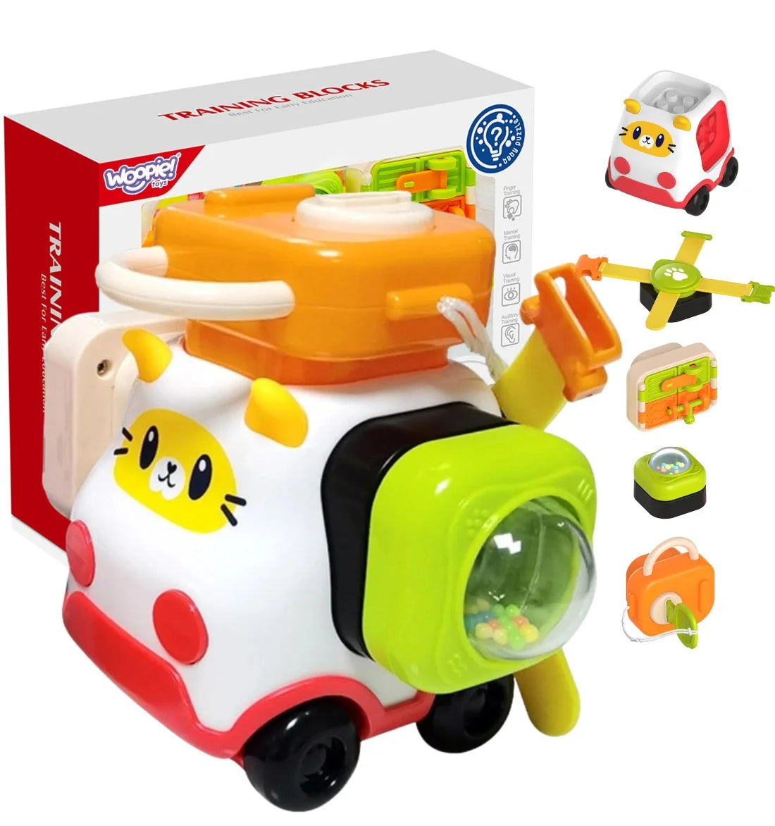 Set complet Woopie Training Blocks cu mașinuță pisică, bloc cu biluțe, lacăt, elice și bloc cu glisiere.